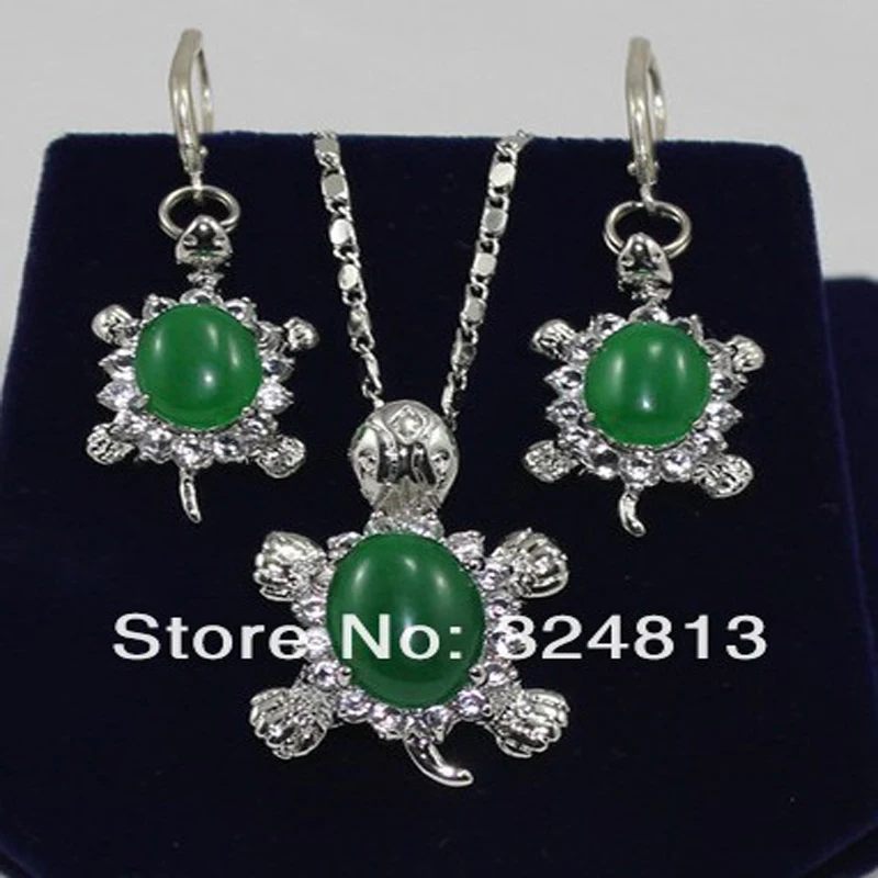 Новая женская Красивая зеленая серебряная подвеска-черепаха Комплект бижутерии с серьгами#2198