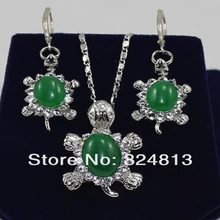Новая женская Красивая зеленая серебряная подвеска-черепаха Комплект бижутерии с серьгами#2198