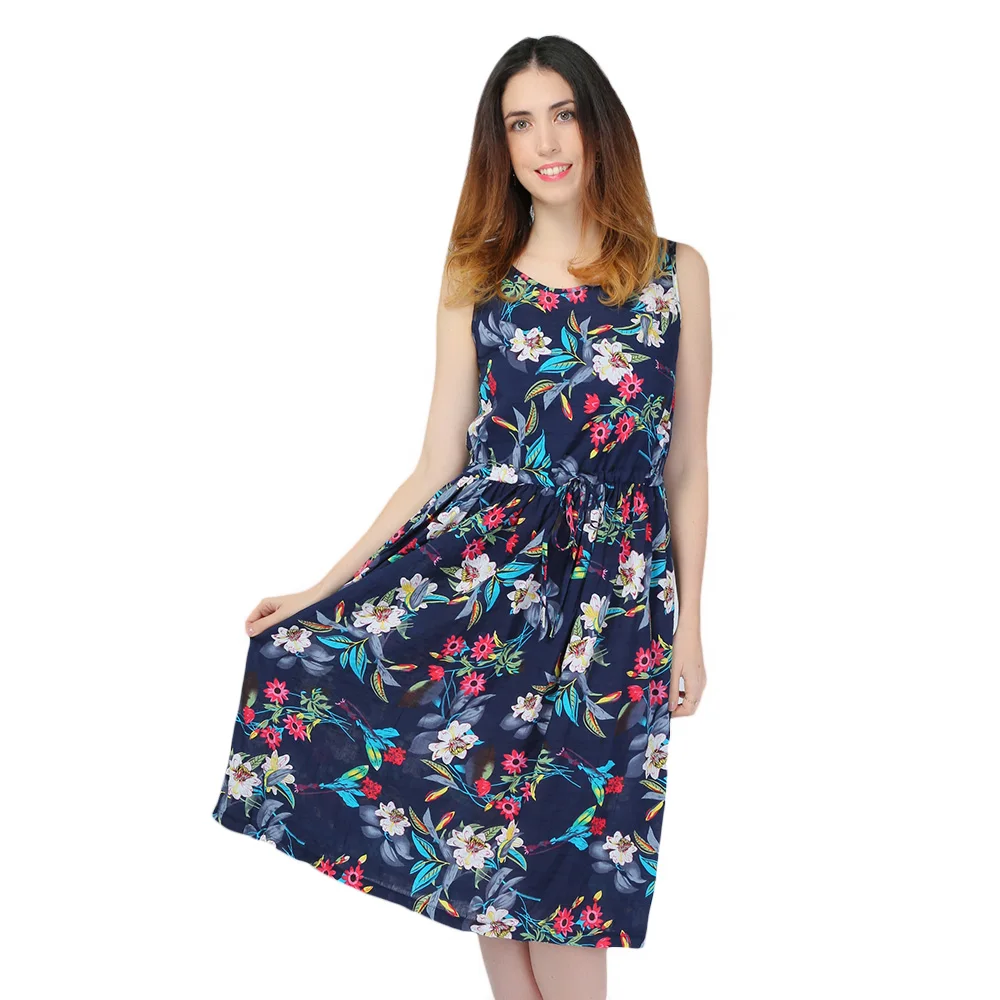 ZAFUL Summer Midi Floral Drawstring Sleevelss Dress Women O Neck High