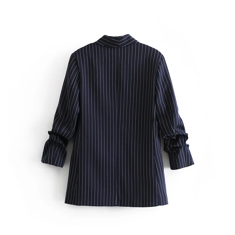 Women Chic Striped Jacket Blazer Side Pockets Pleat Long Sleeve Open Stitch Coat Female Work Office Lady Casual Tops Outwear