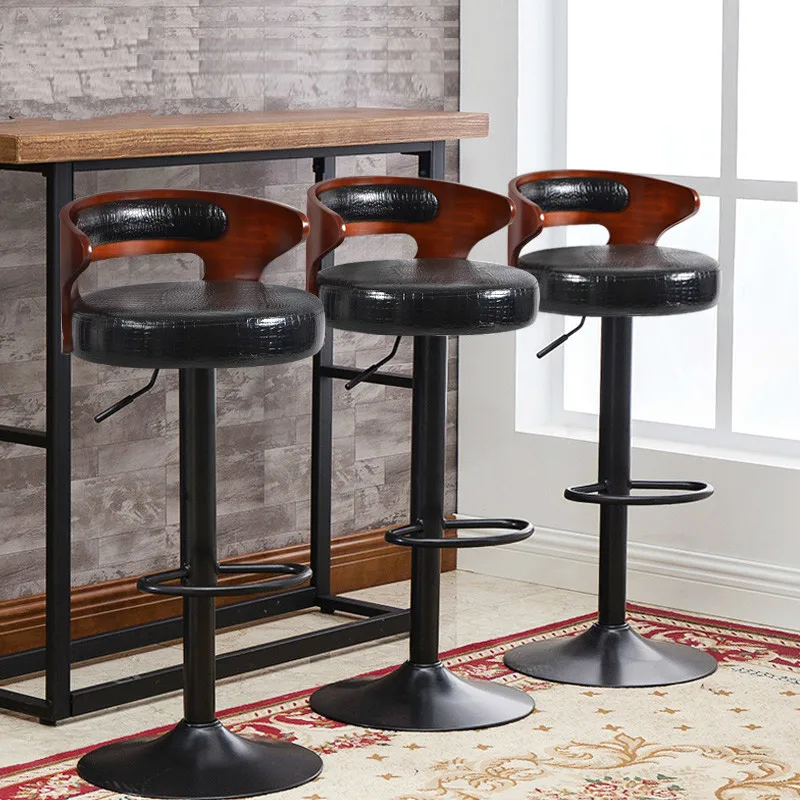 Simple Metal & Wooden Bar Chair Lifting Swivel Bar Stool with Footrest Natural Retro Design Adjustable Height Reception Chair