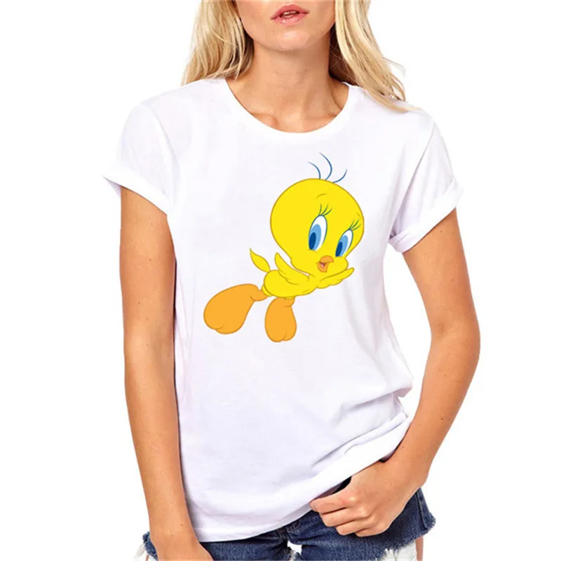 Женская футболка Looney ttes Tweety Bird с мультяшным принтом, летняя модная Милая футболка, Женские топы с круглым вырезом, белая футболка с коротким рукавом