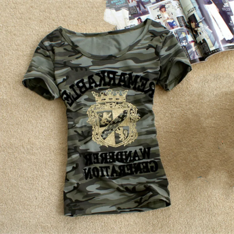 

Army Camouflage t shirt Women Crown Print Cotton Stretch T-shirts Military Summer Short Sleeve Plus Size 5Xl 6XL Tee Shirt Tops