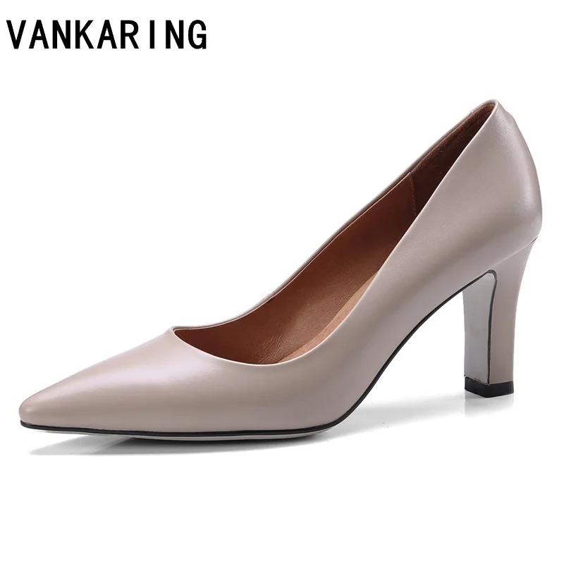 

VANKARING gneuine leather women pumps shoes new sexy high heels round toe shoes woman dress party office lady pumps size 34-39