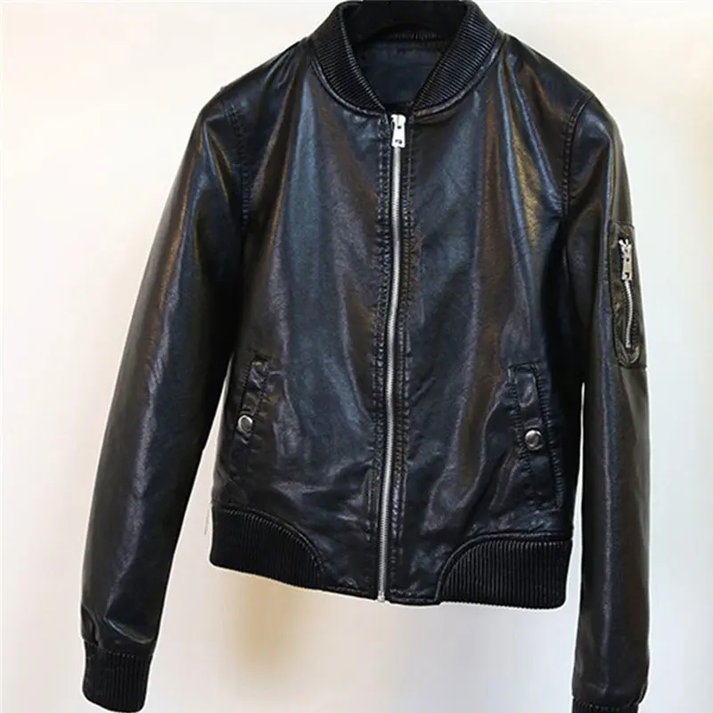 bomber jacket women black faux leather basic coat outwear zipper