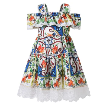 

Bongawan Girls dress Sling Shoulder Ball Gown Bohemian Style Children Clothing Geometric Pattern Cotton Girl Clothes 3-10 Years