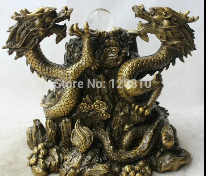 

9" Chinese Copper Folk success Feng Shui Zodiac Year Two Dragon Statue sculpture