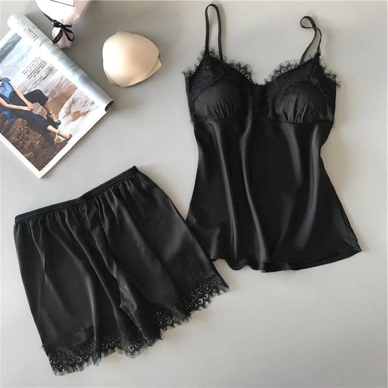 

Nightdress Nightwear Suit top+ Pants Nighties Nightwear Women Sexy Lingerie Set Lace Vest Top Shorts Satin
