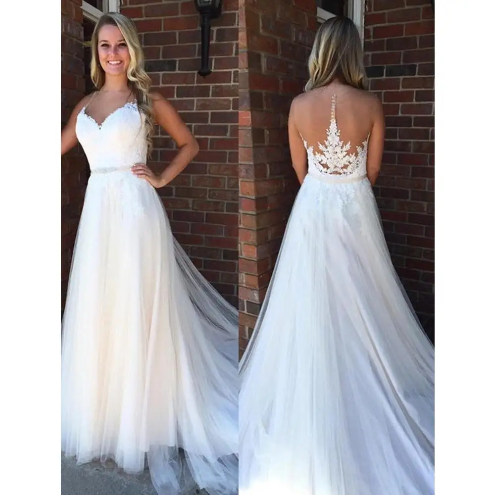 

New Illusion A Line Wedding Dresses O Neck Applique Sleeveless Sweep Train White Tulle Bridal Dress with Sash Vestido De Noiva