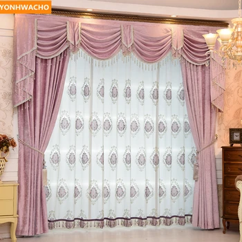 

Custom curtains European luxury princess simple chenille solid pink fabric cloth blackout curtain tulle valance drapes N859