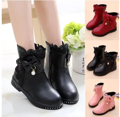 

2018 NEW Girls Lace Ankle Boots Autumn Winter Fashion Princess Kids Bow Shoes Children Pearl Boots Shoes Size 27-37 J82