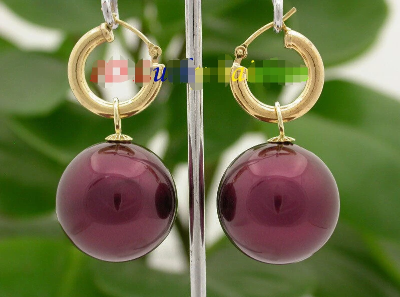 

AAA Dangle big 20mm wine red round sea shell pearls Earrings 14K hoop j8666Noble style Natural Fine jewe fast SHIPPING