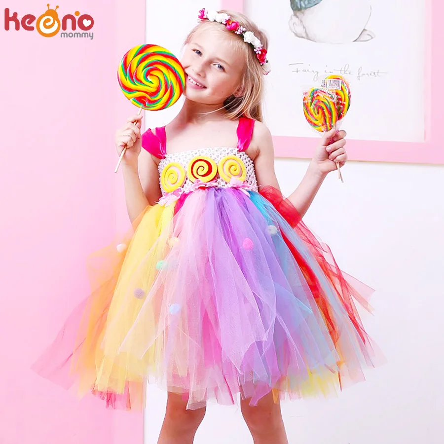 Girls Rainbow Fairy Tutu Dress Sweet Kids Candy Lollipop Dress Children Pom pom Dress for Birthday Outfit Lollipop Gown (1)