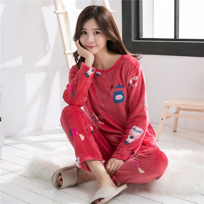 red clothing PKSAQ пижамы для женщин Хлопковая весенняя теплая одежда с принтом домашний костюм пижамы комплект пижамы из двух предметов одежды и брюк - Цвет: red clothing