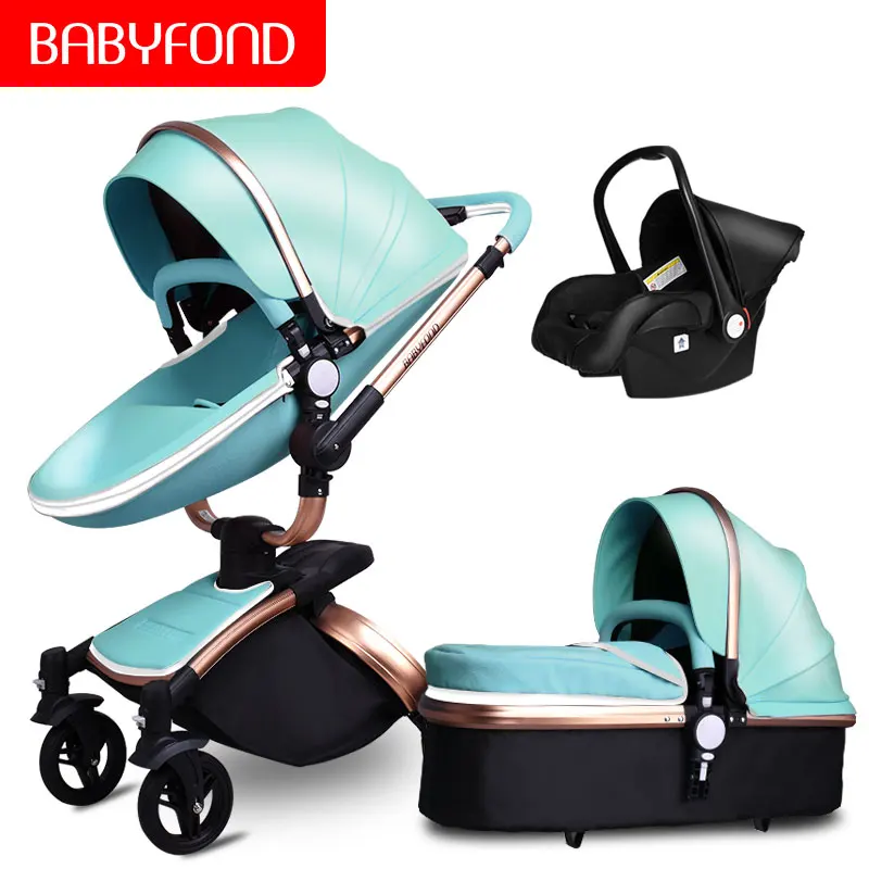 Быстрая! Роскошная детская коляска 3 в 1 для новорожденных, брендовая детская коляска из искусственной кожи, безопасная детская коляска для детей от 0 до 3 лет - Цвет: blue-black 3 in 1