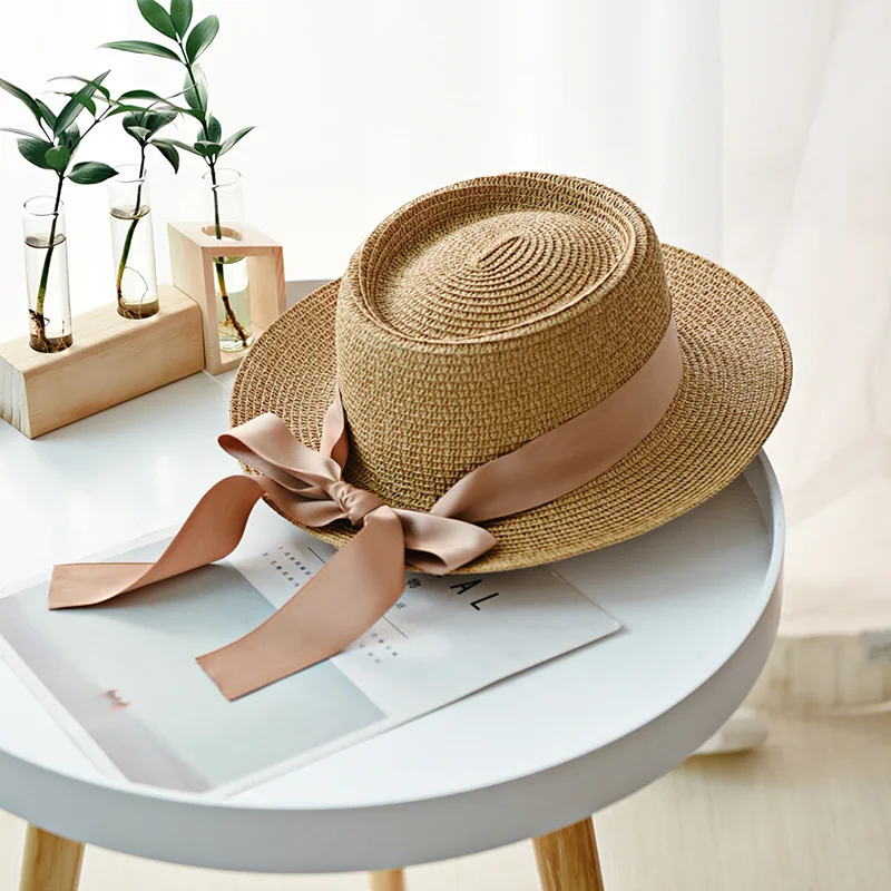 Women sun hats 2019 new ladies solid color bow Korean version of the straw hat summer outdoor beach travel flat top | Аксессуары для