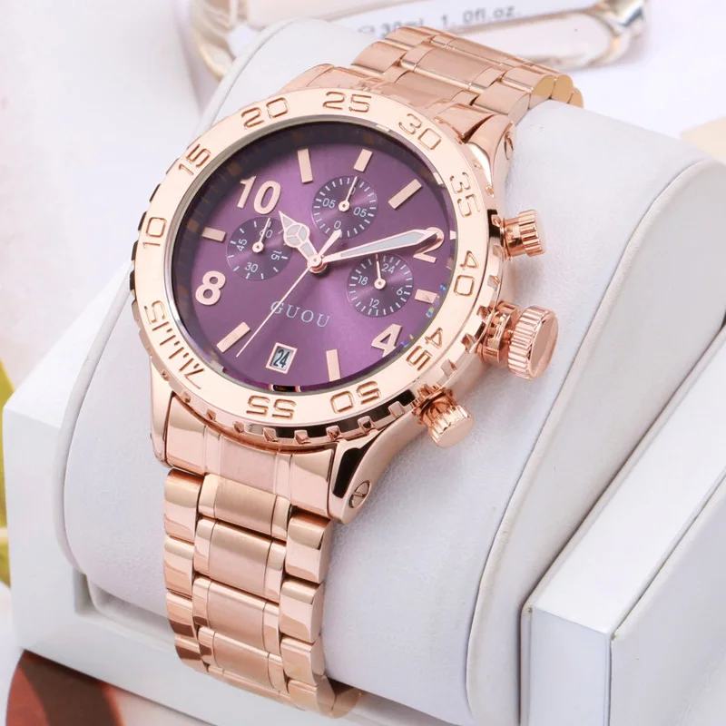 

GUOU Luxury Brand Large Dial Gold Stainless Steel Band Three eyes calendar Qatch Waterproof Ladies Man Fashion Quartz Watches