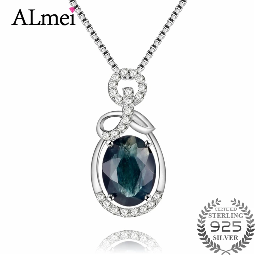 

Almei 1.5ct Oval Dark Blue Sapphire Gemstone Halo Solitaire Pendant 925 Sterling Silver Fine Jewelry for Women with Box CN067