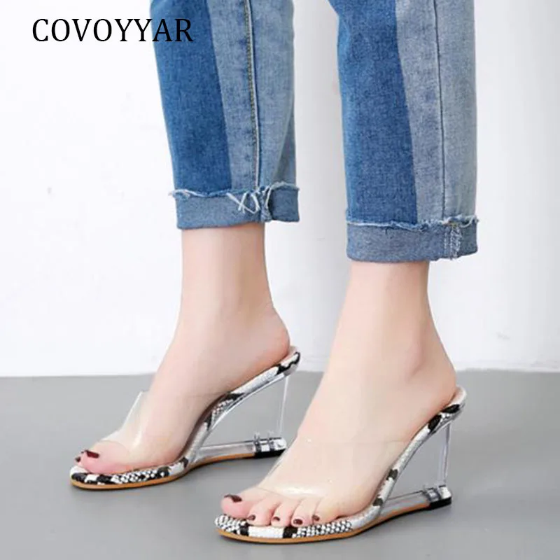

COVOYYAR Transparent Super High Heels Wedges Women Slippers Slides 2019 Summer Snake Pattern Sandals Open Toe Shoes Woman WSL74
