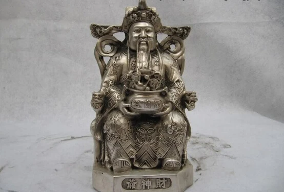 

Collectible bronze lion statue S0019 Chinese White Copper Silver famous God of wealth mammon hold cornucopia Statue (B0413)