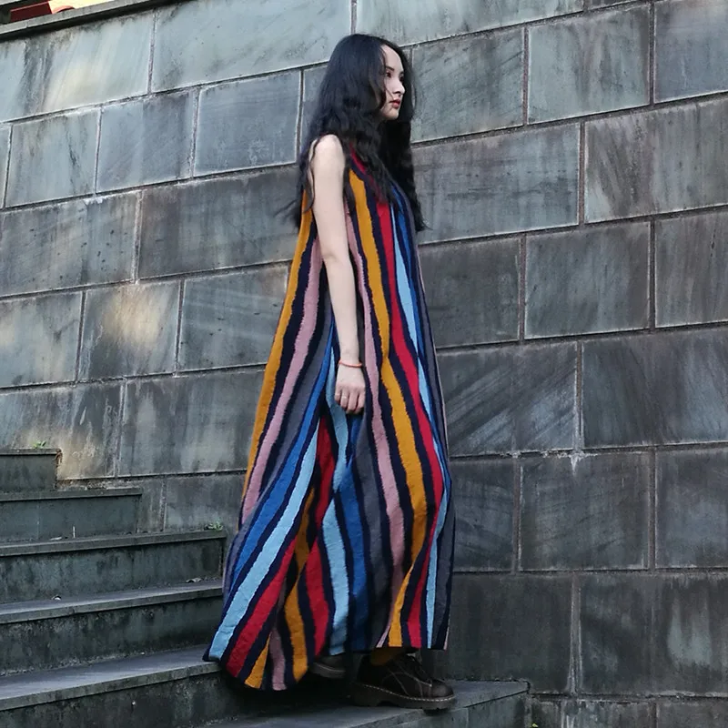 SCUWLINEN 2019 Summer Sleeveless National Trend Color Stripes Expansion Bottom Long Maxi Cotton Dress Bohemia Beach X0127 | Женская