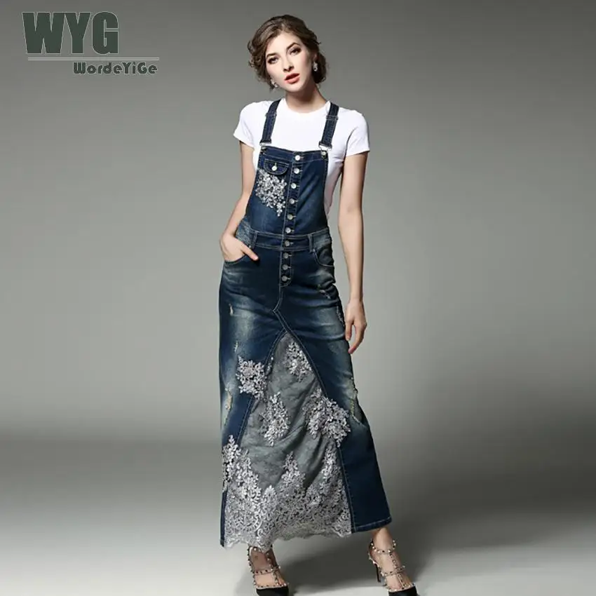 

Women Denim Dress 2017 Summer Autumn Casual Fashion Floral Lace Embroidery Patchwork Suspenders And White Cotton T Shirts