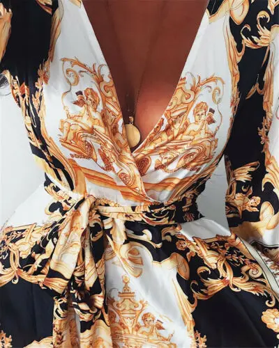 Women Boho Wrap Summer Long Dress Holiday Maxi Loose Sundress Floral Print V neck Long Sleeve