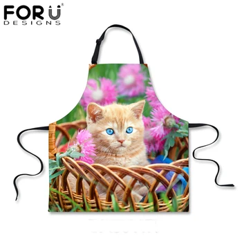 

FORUDESIGNS Kitchen Apron For Women 3D Funny Cat Dog Aprons Ladies Girls Cooking Chef Floral Printed Party Apron
