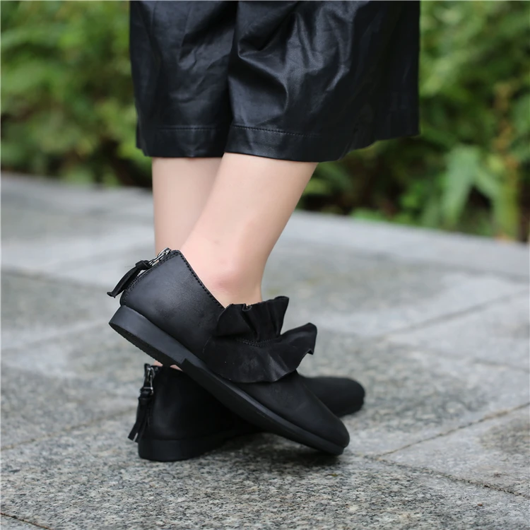 Women Leather Flats Black Lazy Shoes Brand Women Spring Loafers Ruffles Style Genuine Leather Women Moccasin Shoes Retro