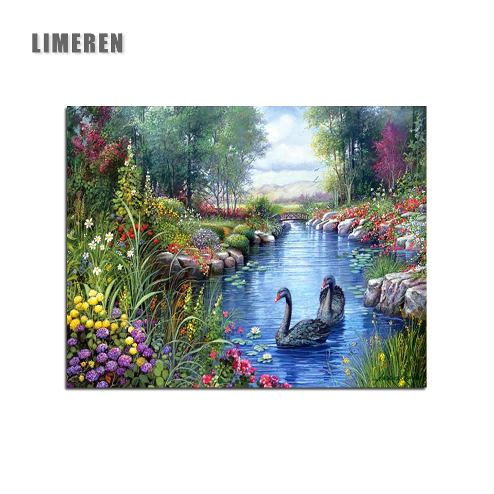 

Free Shipping Frameless Painting Diy Numbers Wall Decor Swan Lake Diy Picture Oil Painting On Canvas For Home Decor