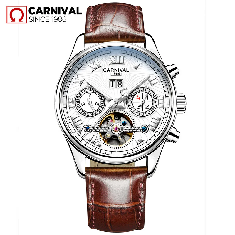 

CARNIVAL Skeleton Mechanical Watch Men Hollow Fashion Luxury Leather Men Automatic Watch Male Clock relogio masculino Sapphire