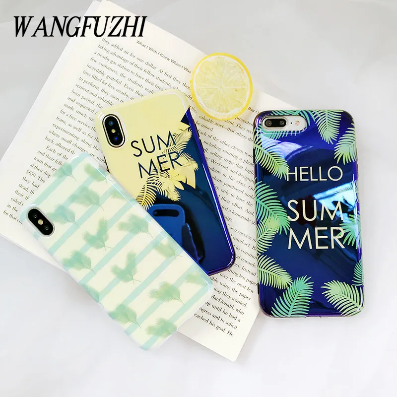 WANGFUZHI случае для iPhone 6 6S 7 8 Plus X черный зеленые листья шаблон чехол с голубой свет