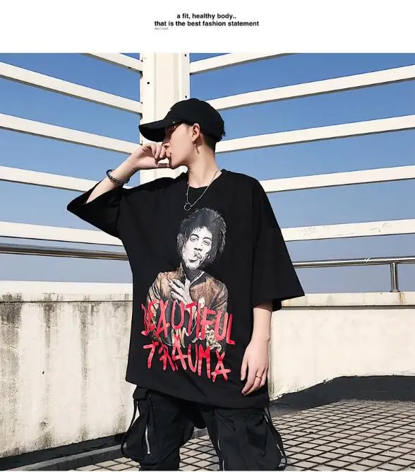 M-XL! Летняя новая супер пожарная индивидуальность европейских и американских персонажей печать мужская Свободная футболка с короткими рукавами tide
