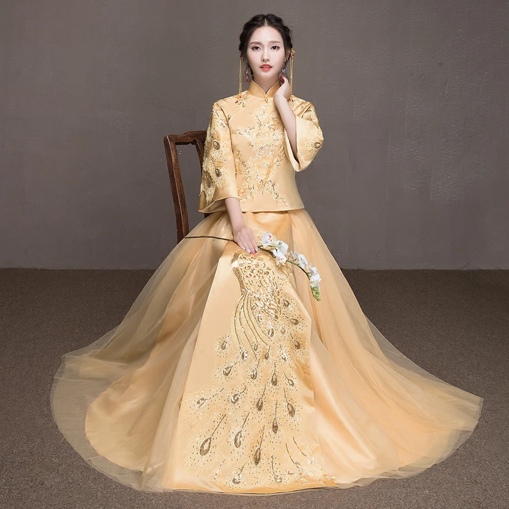 

New XiuHe take bridal gowns prospective Chinese style wedding dress take xi clothing show kimono robe golden toast