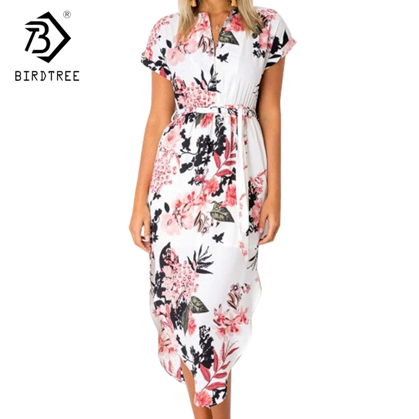 

2018 New Arrival Summer Dresses Casual V-Neck Elegance Short Sleeve Floral Print With Sash Plus Size 3XL Women Clothing D87303L