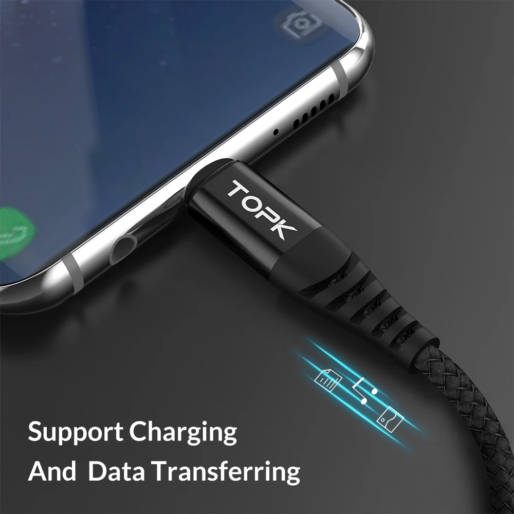 TOPK 1 м(3 фута) usb type-C кабель для samsung S9 S8 type-C кабель для передачи данных для Xiaomi Mi6 мобильный телефон USB кабель USB-C