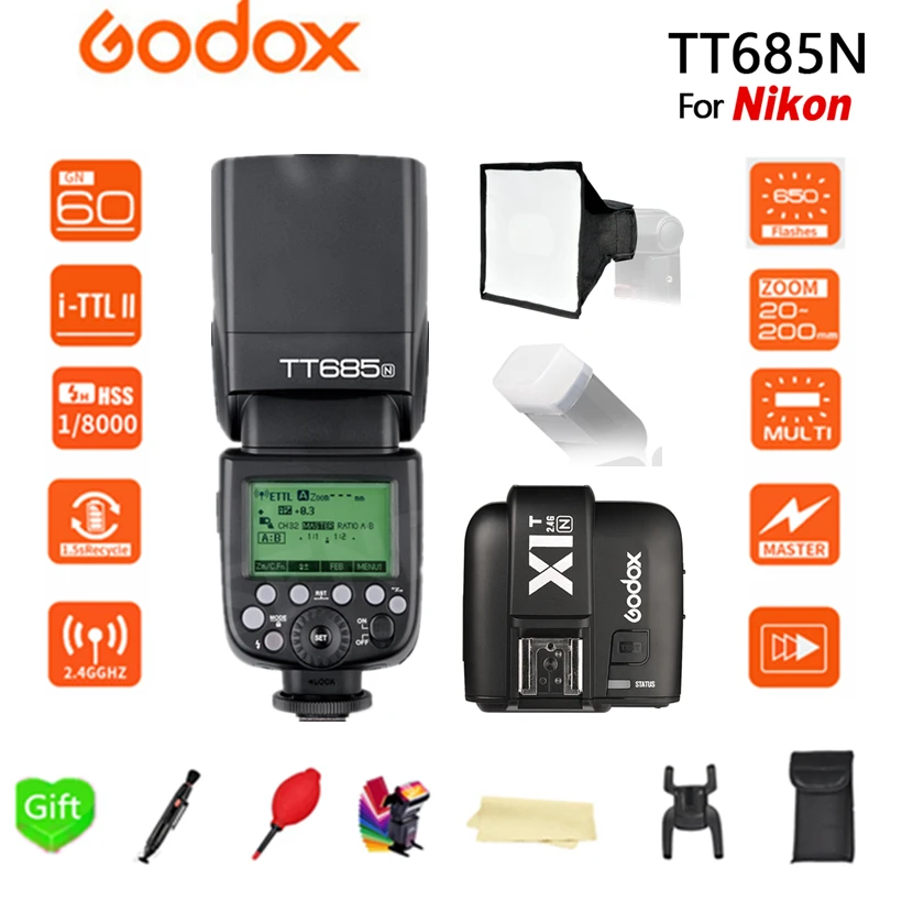 Godox tt685n 2.4 г HSS 1/8000 S I-TTL GN60 Беспроводной вспышки Speedlite + x1t-n триггера для nikon D800 D700 D7100 D5200 D5100 D70S + подарок