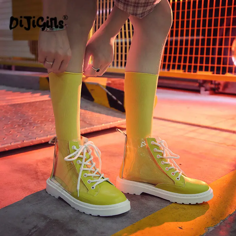 

New Arrival 3 Colors Transparent Rain Boots Women Waterproof Martin Boots Water Jelly Shoes Lace Up Ankle Boots Drop Shipping
