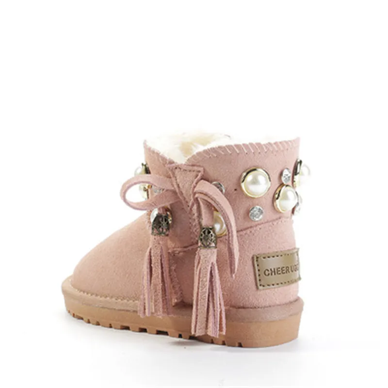 

Scsech Winter Shoes For Girls Leather Pearl Tassel Boots Children Fur Thicken Keep Warm Soft Rubber Outdoor Snow Boots S8F02