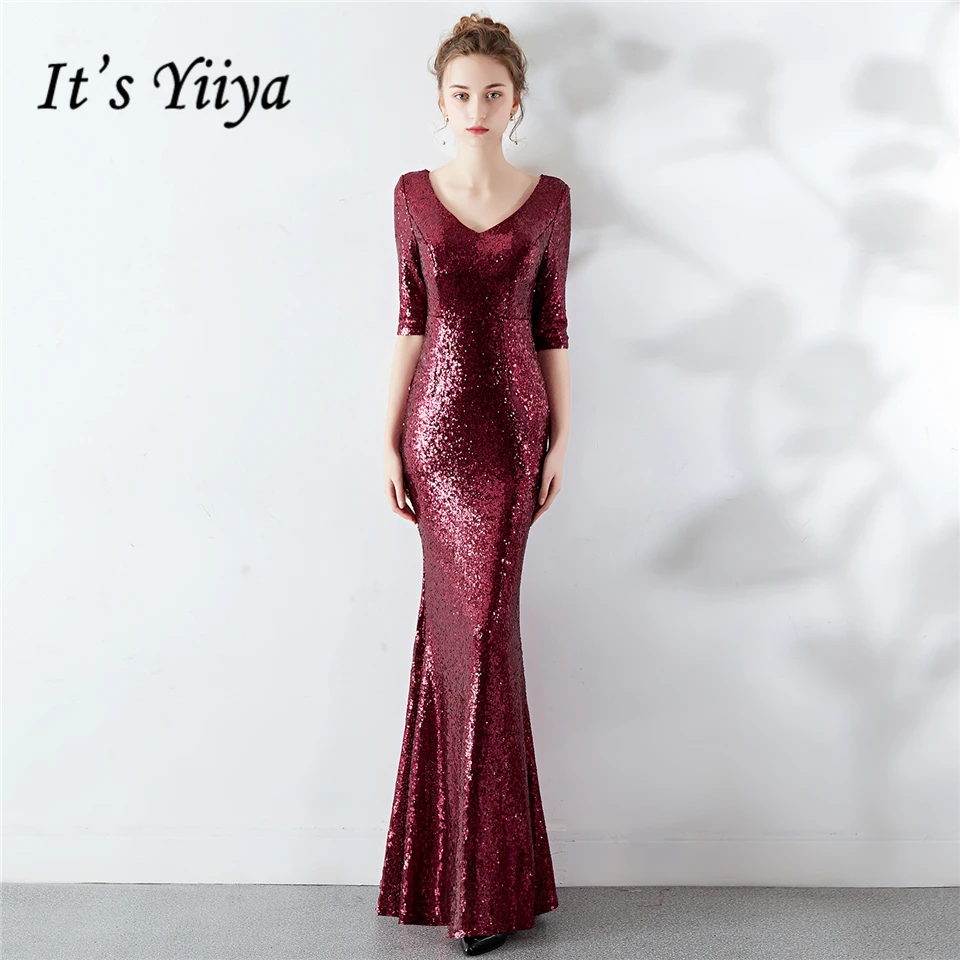 

It's Yiiya Evening dresses Sexy V-neck Sequined Zipper back Mermaid Party Gown Royal Half Sleeves Floor-length Prom dresses C259