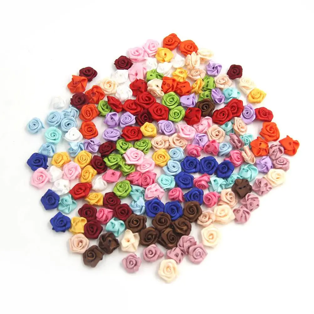 

ABKM Hot 100PCS/Lot Mini Handmade Satin Fabric Rose Ribbon Rosettes Flower Appliques For Wedding Decoration Craft Sewing Acces