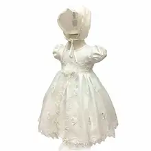 Малышей Обувь для девочек Платья для женщин chrisom новорожденных бежевый Кружево Вышивка крещения со шляпой детский праздничный костюм на крестины платье на день рождения