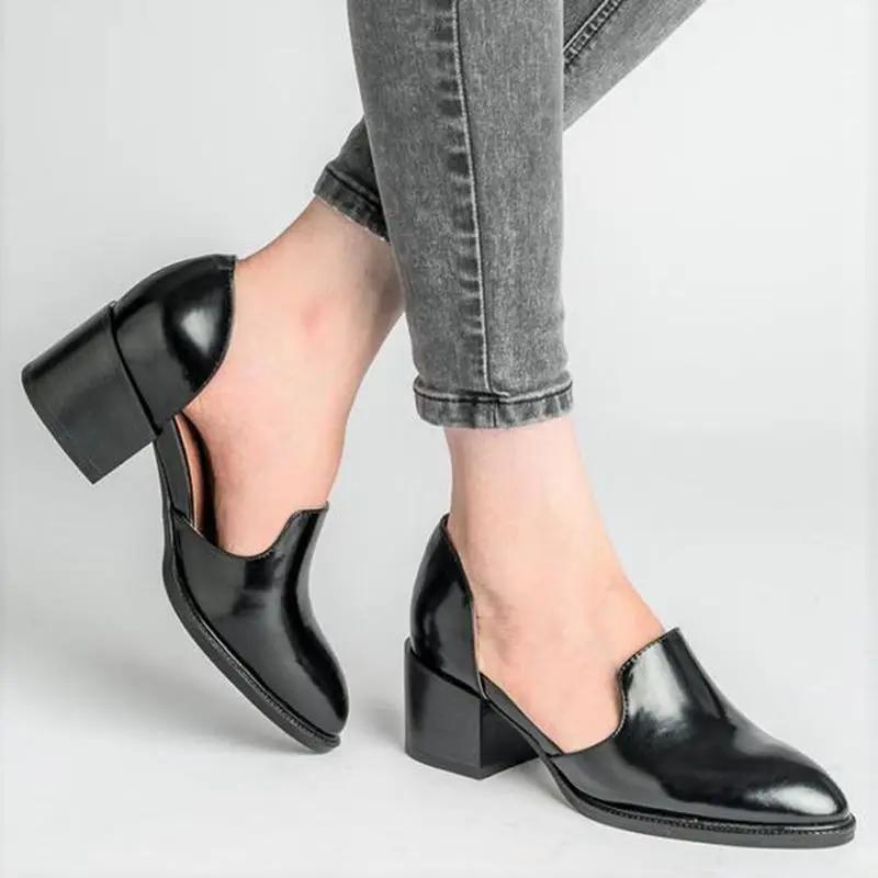 Г., весенне-летние туфли женские босоножки кожаные лоферы, элегантная обувь на среднем каблуке без застежки, женская обувь с острым носком на толстом каблуке - Цвет: Черный
