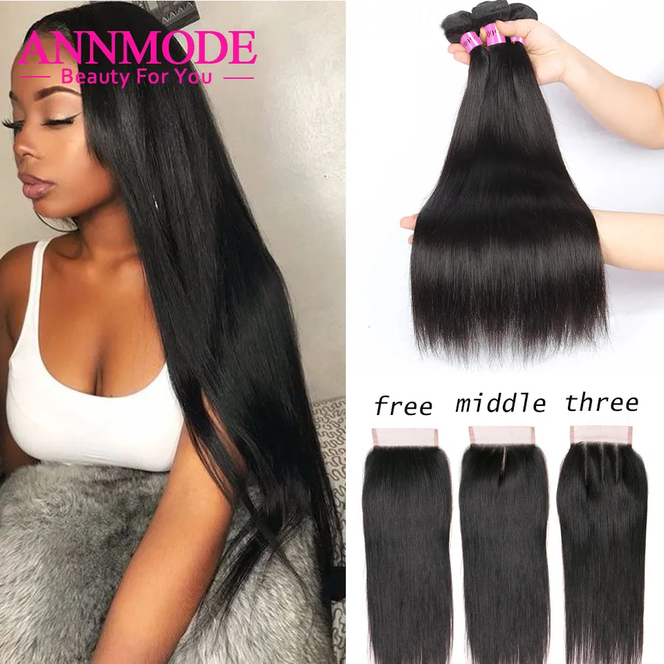 Annmode 2/3/4 Bundles Brazilian Straight Hair With Lace Closure Non Remy Hair Extensions Human Hair Bundles With Closure