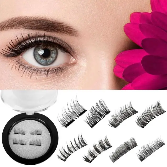 

Hot 4 PCS Double Magnetic Eyelashes No Glue Reusable 3D Handmade False Eyelashes Ultra Thin Lightweight HB88