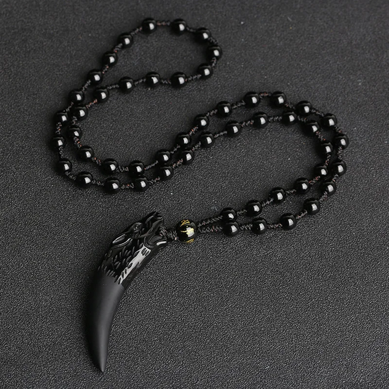 Wolf tooth Black Obsidian Pendant Necklace Amulets And Talismans Couple Natural Stone Necklace For Women Men Lucky Jewelry