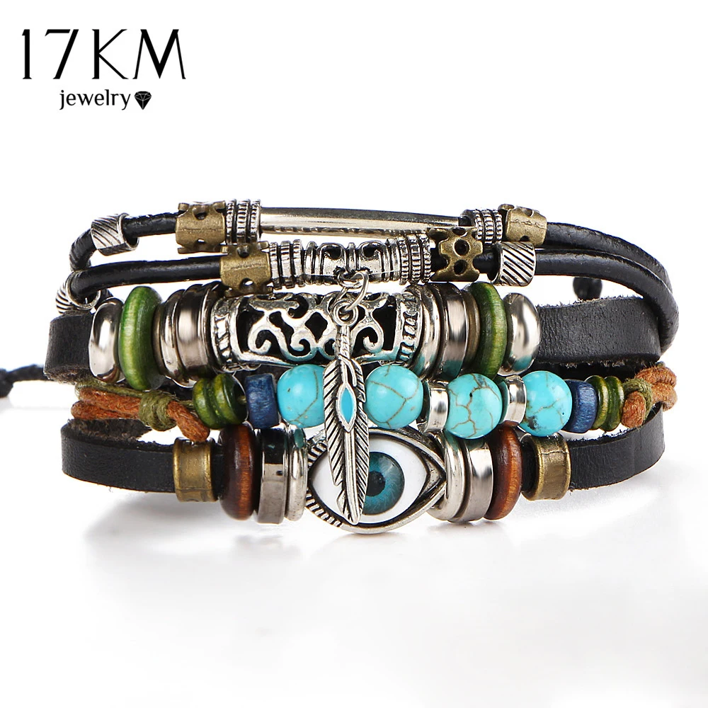 17KM-pulsera de cuero con diseño de ojo turco para hombre y mujer, brazalete con diseño de búho, estilo Punk, piedra, Vintage