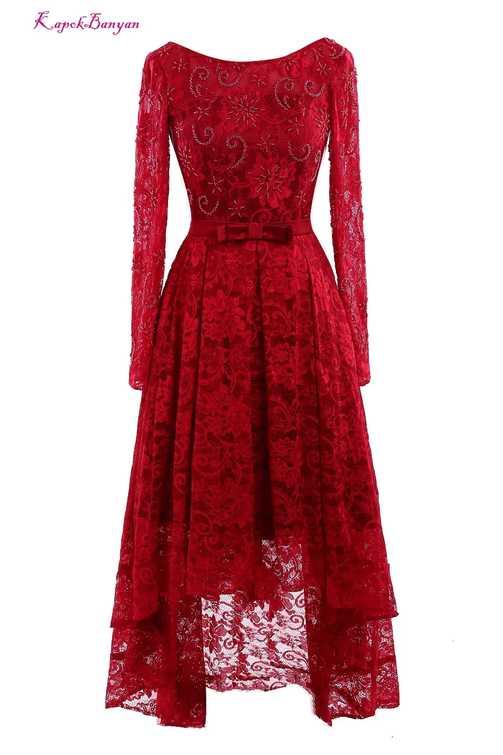 

Real Photo Red Lace Scoop Long Evening Dresses 2017 with Sashes Custom made Ankle Length Long Sleeve Prom Gown Vestido de festa