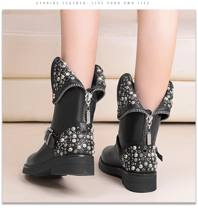 WETKISS/натуральные кожаные классные ботинки в байкерском стиле с заклепками; женские уличные зимние ботинки на молнии с пряжкой и ремешком; женская обувь на низком квадратном каблуке