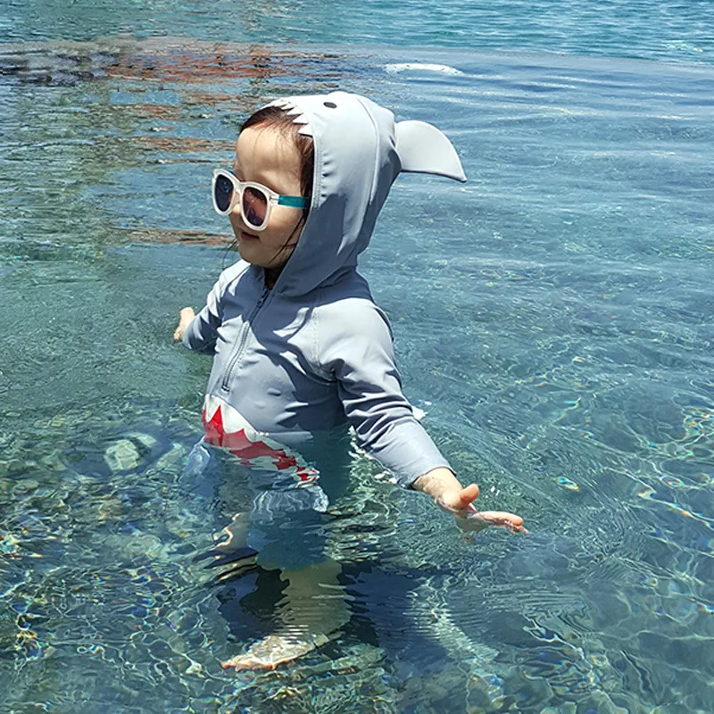 

Baby Swimwear Girls Boys Infant Lovely Shark One Piece Grey Shark Harm-Proof UV Protection Hooded Holiday Swimsuit for Babies